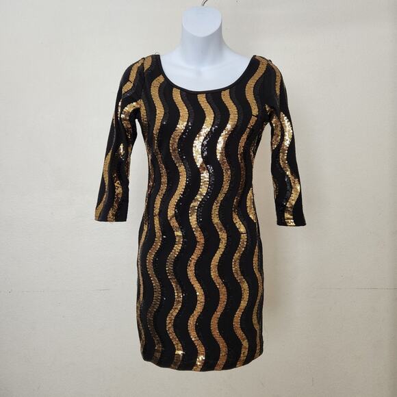 Foreign Exchange Black & Gold Sequined Mini Dress Size M - Picture 2 of 9